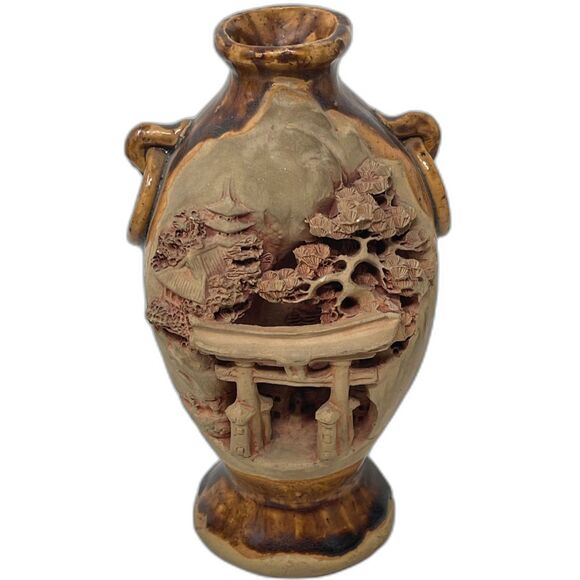 Vtg Japanese Banko Ware High Relief Handmade DRIP GLAZE Pottery Vase Pagoda Tree